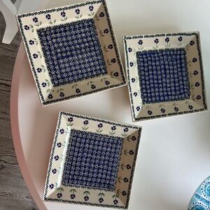 Rare find - 3 Vintage Polish Pottery 9 inch square plate